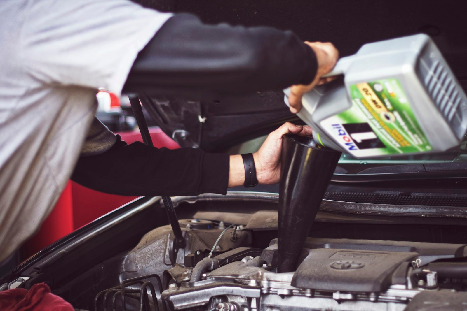 Engine bay of a modern car under inspection
